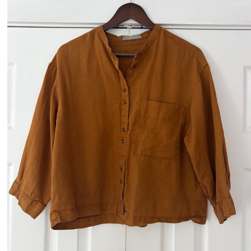 Everlane 100% Linen Band Collar Button Down Shirt Ochre Brown Small